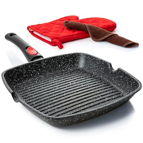 Moss & Stone Square Grill Pan for Indoor Cooking, 11-Inch Nonstick Griddle Skillet with Removable Handle, RV Die-Cast Aluminum Stove Top Grill Pan for Meats & Vegetables, Detachable Handle
