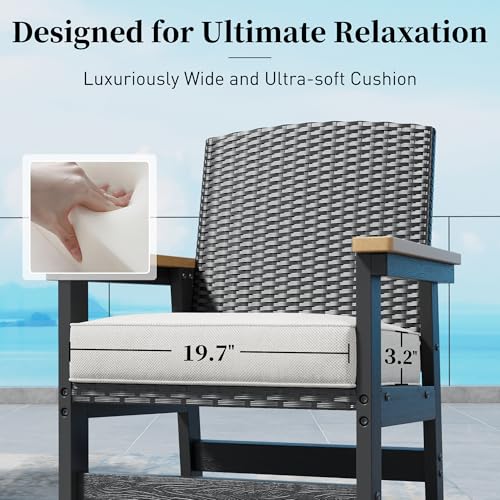7 Piece HDPE Outdoor Dining Set for 6, 64” All Weather Wood-grain Dining Table, 6 Wicker Rattan Chairs with 3.2” Waterproof Cushion, Patio Table and Chairs Set for Backyard and Deck, Black