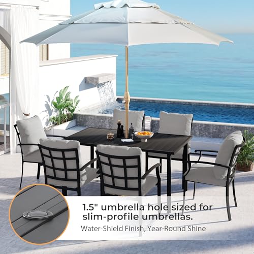 HAPPATIO 7-Piece Patio Dining Set, Outdoor Dining Set with Powder-Coated Metal,Dining Table with Umbrella Hole, 6 Stackable Chairs with Removable Cushions for Porch Poolside Garden,Grey