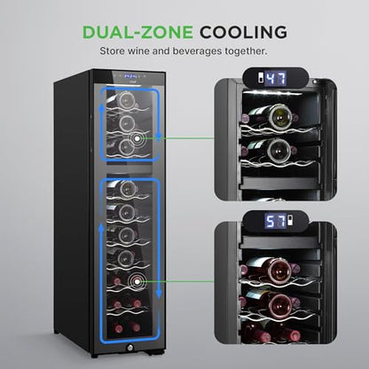 NutriChef 27 Bottle Wine Fridge | Dual Zone Wine Chiller | Adjustable Temperature 41°F to 64°F | Ultra Quiet Operation | Wine Cooler For Home, & Office | Free Standing 43x11x23 IN | Black