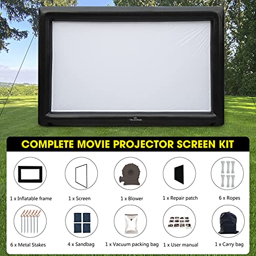 Talvania 12 Feet Inflatable Projector Screen for Outdoor and Indoor TV Movie Watching Blower, Tie Downs, Stakes, Sandbags, and Storage Bag + Step-by-Step Guide, Quick Blow Up (Black)