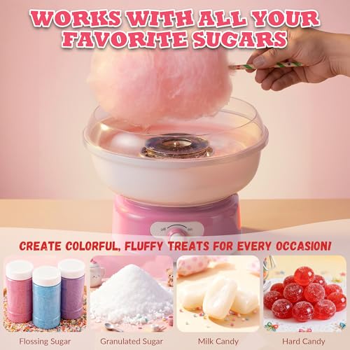 Cotton Candy Machine, Cotto Candy Maker for Kids with Cartoon DIY Stickers, 6 Paper Cones & Sugar Scoop, Homemade Candy Machine for Birthday, Party Gatherings,Christmas Halloween Gift, Pink (M.20)