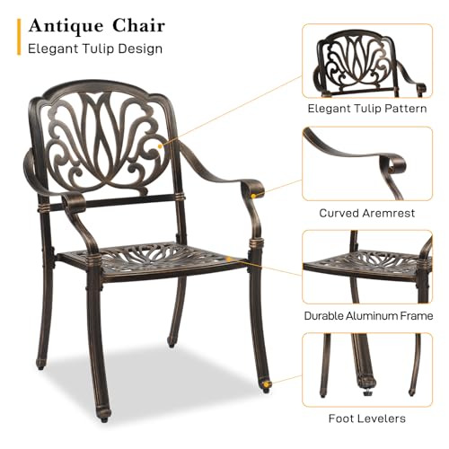 VINGLI 5 Pieces Outdoor Patio Dining Set, Cast Aluminium Patio Furniture Set with 4 Chairs and 1 Umbrella Table for Yard, Garden, Porch and Poolside, Bronze
