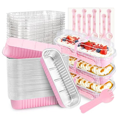 NPLUX Mini Cake Pans with Lids and Spoons, 50 Pack Pink Mini Loaf Pans with Lids, Mini Cake Containers for Baking, Mini Cheesecake and Party Desserts, Individual Cake Pans with Lids