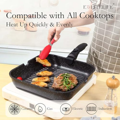 ESLITE LIFE 11 Inch Large Square Grill Pan, Induction Compatible Nonstick Steak Grill Pan with Detachable Handle, Versatile Skillet for Indoor Cooking, PTFE & PFOA Free, Black