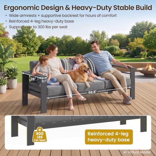 Aluminum Patio Sofa, 3.2" Armrest Outdoor Loveseat, Outside Couch for Patio