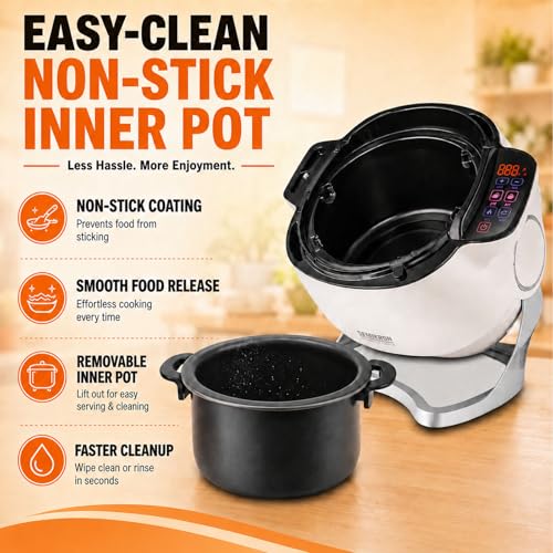 2000w Commercial Food Processor,Automatic Cooking Machine,360° Automatic Stir Fry Pot,6l Non-Stick Drum Wok,Glass Lid,Dual Handles,Auto-Stirring,For Fried Rice,Soup,Home Kitchen