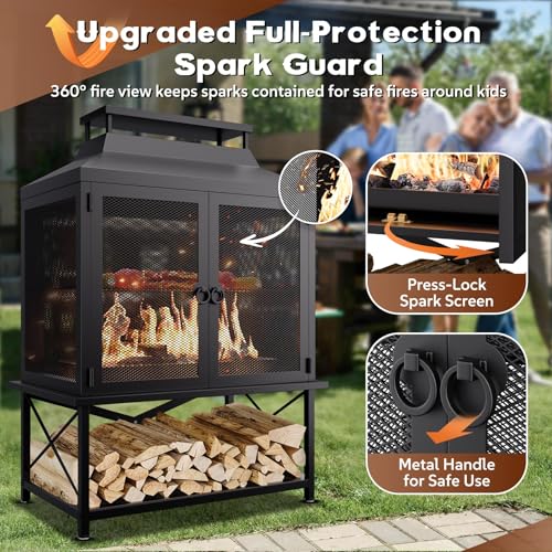 Large Outdoor Chiminea Fire Pit with Grill, Outdoor Fireplace, Outdoor Wood Burning Fireplace with Chimney, 360° Mesh Spark Screen Door, Fire Poker and Log Storage Rack for Patio Backyard