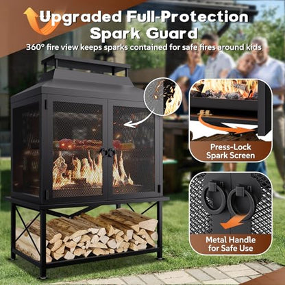 Large Outdoor Chiminea Fire Pit with Grill, Outdoor Fireplace, Outdoor Wood Burning Fireplace with Chimney, 360° Mesh Spark Screen Door, Fire Poker and Log Storage Rack for Patio Backyard