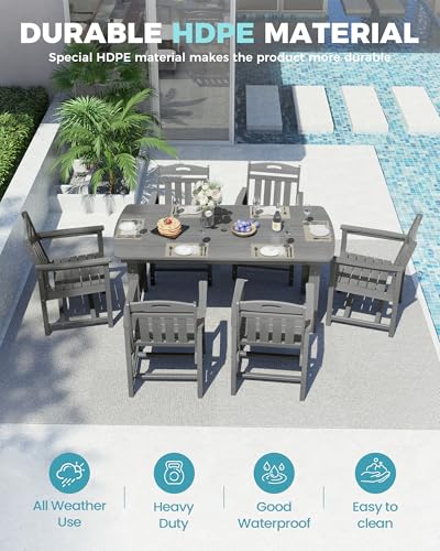 Ciokea HDPE Outdoor Dining Set, 7-Piece Patio Table and Chairs Set with Umbrella Hole, All-Weather Patio Dining Sets for 6, Durable Patio Furniture for Backyard, Garden, Lawn & Poolside, Grey