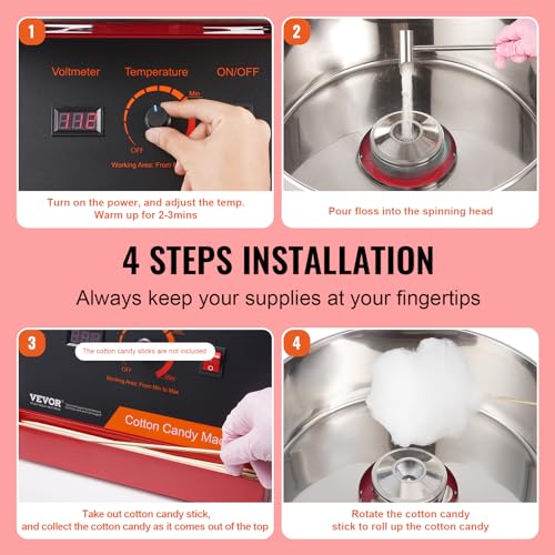 VEVOR Cotton Candy Machine Commercial, 1000W Electric Floss Maker with Stainless Steel Bowl, Sugar Scoop, Storage Drawer, Perfect for Home, Carnival, Kids Birthday, Family Party, Red
