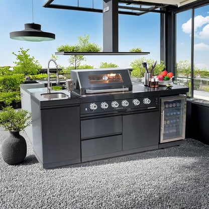 85" Commercial Outdoor Kitchen Grill Island with 4 Burner 72000 BTU BBQ, Stainless Steel Sink, Wine Cooler Fridge, Rotisserie & Granite Countertops, Black
