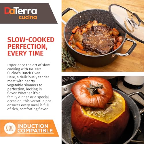 DaTerra Cucina – 8 Qt Nonstick Ceramic Dutch Oven with Lid – Large Oven Safe Stock Pot, Induction Compatible, Lightweight, Lead & PFOA Free, Volcanic Black, Durable Nonstick Cookware – Made in Italy