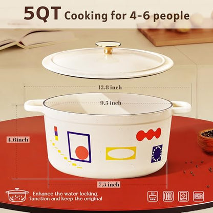 CAROTE 5QT Cast Iron Dutch Oven Pot with Lid, Enameled Floral Dutch Ovens with Gift Box, Versatile Heavy-Duty Cookware for Sourdough Bread Baking, Braising, Stews, Roasting, Healthy & Non-Toxic, All Stovetop Compatible, Oven Safe up to 500° F, Bonjour