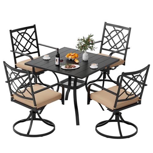 Patiomore 5 Piece Patio Dining Set Outdoor Furniture Set, Square Metal Patio Dining Table with Umbrella Hole & 4 Swivel Dining Chairs for Garden Lawn Yard