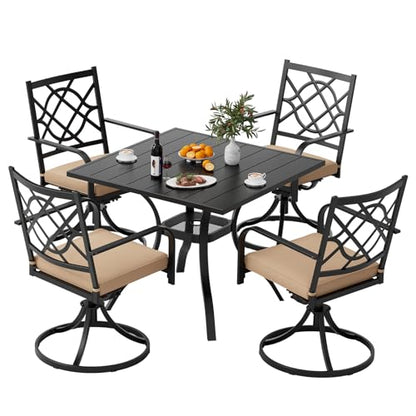 Patiomore 5 Piece Patio Dining Set Outdoor Furniture Set, Square Metal Patio Dining Table with Umbrella Hole & 4 Swivel Dining Chairs for Garden Lawn Yard