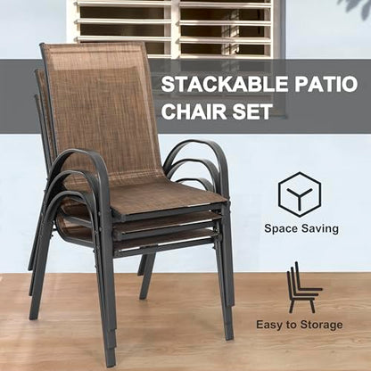 NUU GARDEN 5 PCS Patio Dining Set, Metal Outdoor Table and Chairs, with 4 Stackable Chairs and 31.5’’ Square Table with Umbrella Hole, Outdoor Dining Set for Lawn, Balcony, Garden, Black and Brown
