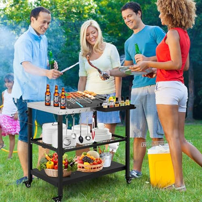 Tyfnry Outdoor Grill Cart,36 Inch Stainless Steel Pizza Oven Table with Lockable Wheels, Hooks & Adjustable Mesh, Metal Kitchen Cart Island, Black(36.2'' D x 19.6''W x 31.4''H)