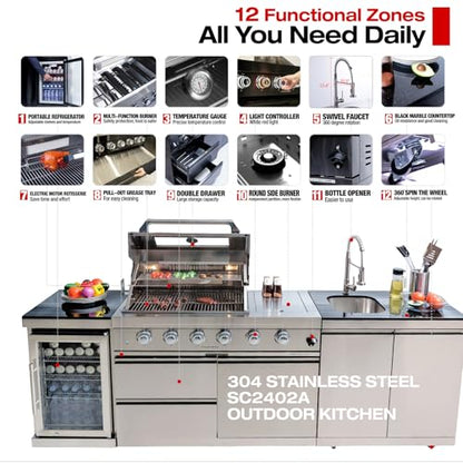 98.4 Inch Outdoor Kitchen Island, 72000 BTU Modular Propane Gas Grill Combination With Refrigerator and Sink, Outdoor Stainless Steel Barbecue Bar, Propane Grill for Patios, Gardens, Parties