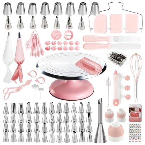 Cake Decorating Kit, 138pcs Cake Decorating Supply with Aluminium Cake Turntable, 64 Numbered Icing Piping Tips, 2 Spatulas, 3 Icing Comb Scraper and Leveller, 32 Piping Bags,cake decorating tool