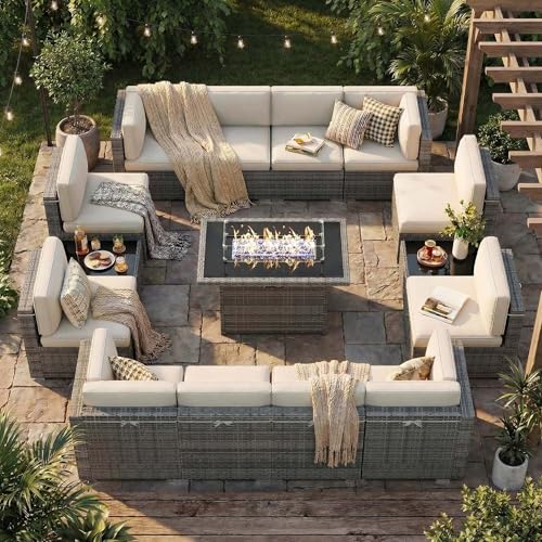 Vakollia 15 Pieces Patio Furniture Set with 44" Propane Gas Fire Pit Table, Outdoor Sectional Wicker Conversation Sofa Sets with Coffee Table