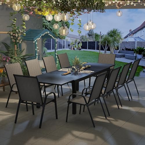 PIZZELLO 11 Pieces Outdoor Dining Set, 106" Aluminum Extendable Patio Dining Table w/ 10Pcs Stackable Textilene Chairs, All Weather Outdoor Table and Chairs Sets for Backyard, Garden and Deck