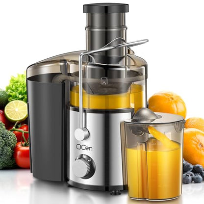 QCen Juicer Machine, 800W Centrifugal Juicer Extractor with Extra Wide Mouth Feed Chute for Fruits & Vegetables, Easy to Clean, Stainless Steel, BPA-Free