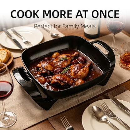 I-Keukenn 12" Ceramic Nonstick Electric Skillet with Tempered Vented Glass Lid, Scratch-Resistant Surface, Cool-Touch Handles, Removable Easy-to-Clean Design, 1200W, Sleek Black