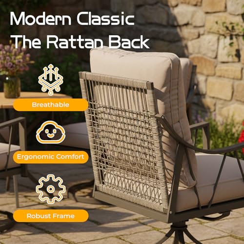 EROMMY 5-Piece Outdoor Patio Dining Set, 4 Wicker Swivel Rocking Chairs with 4" Cushions, 42" Round Table with Adjustable Umbrella Hole for Yard, Backyard, Black