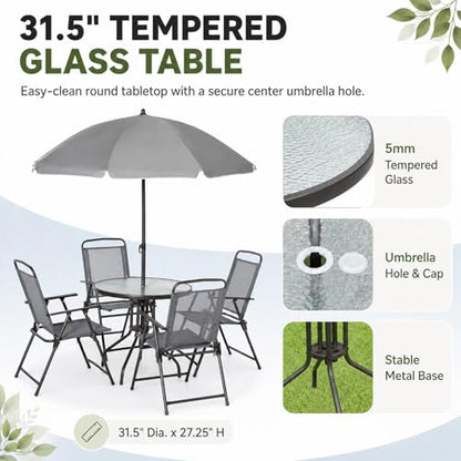 Qinazoe 6-Piece Patio Dining Set for 4 with Umbrella, Gray