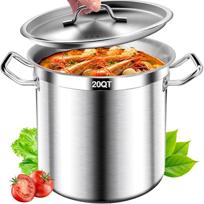 Large Stock Pot - 20QT Stainless Steel Stockpot with Lid, Heavy Duty Tri-Ply Bottom Commercial Grade Soup Pot for Cooking Soup, Stew, Pasta, Oven, Gas, Ceramic, Dishwasher Safe