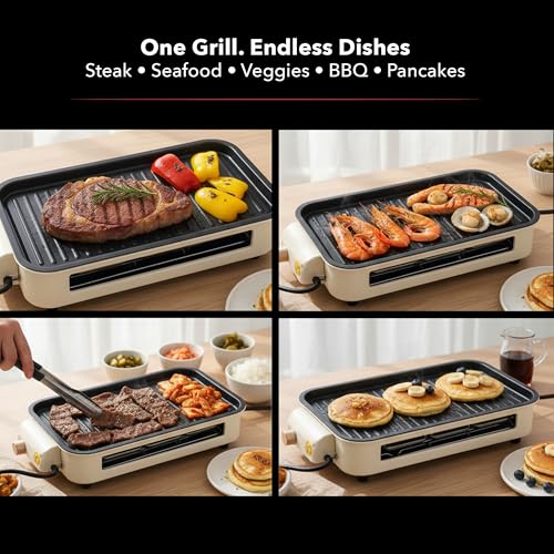 OVENTE 2-in-1 Electric Indoor Grill, 1500W Smokeless Korean BBQ Griddle with Non-Stick Removable Cooking Plate, 3 Raclette Cheese Pans, Adjustable Temperature Control, Dishwasher Safe, Beige BQR1502B