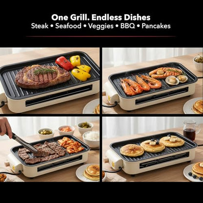 OVENTE 2-in-1 Electric Indoor Grill, 1500W Smokeless Korean BBQ Griddle with Non-Stick Removable Cooking Plate, 3 Raclette Cheese Pans, Adjustable Temperature Control, Dishwasher Safe, Beige BQR1502B