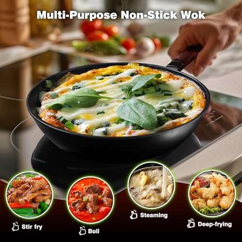 Teewe Carbon Steel Wok -13 Inch Woks & Stir-fry Pans Nonstick, Wok Pan with Lid Spatula and Dish Brush: Pre-Seasoned Flat Bottom Chinese Woks for Induction, Electric, Gas, All Stoves