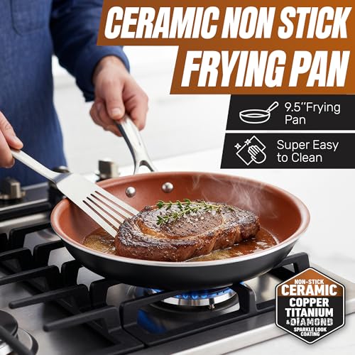 Gotham Steel 9.5 Inch Copper Non Stick Frying Pans, Ceramic Non Toxic Frying Pans Nonstick Skillet Made Without PFOA PFOS, Lightweight, Stay Cool Handle, Oven and Dishwasher Safe