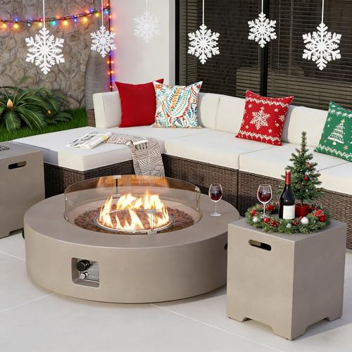 COSIEST 2-Piece Outdoor Propane Firepit Table Set w Tank Table, 42" Fire Table Certified, 50,000 BTU w Gray Round Base,Wind Guard and 16 inches Tank Side Table 20lb for Garden,Pool