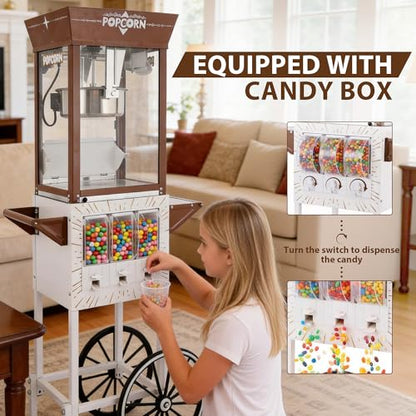 12oz Popcorn Machine Cart with Candy Dispenser, Brown Antique White