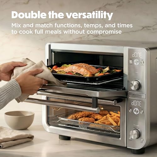 Ninja Double Oven Pro Smart XL Countertop Oven & Air Fryer | 30.2 Qt Capacity |12-in-1 Versatility with Smart Finish & DualZone Tech to Cook 2 Meals at Once | Fit up to 4.5lb Chicken | Silver | DCT821