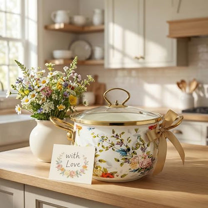 SOUJOY 2.8 Quart Enamel Stockpot with Glass Lid, Vintage Floral Soup Pot, Non-Stick Bean Stew Simmer Pot with Handle for Kitchen, Induction & Gas Stove Safe, Mother's Day, Wedding, Christmas Gift