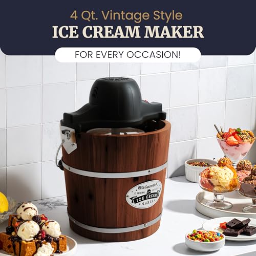 Elite Gourmet EIM418 4Qt Old Fashioned Walnut Wood Bucket Ice Cream Maker