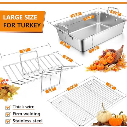 LIANYU 14 Inch Roasting Pan, Turkey Roaster with 2 Racks, Heavy Duty Stainless Steel Deep Broiling Lasagna Pan for Turkey, Chicken, Dishwasher Safe