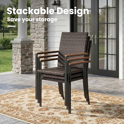 VICLLAX Round Patio Table and Chairs, 11 Pieces Outdoor Dining Set of Metal Patio Table with Storage Shelf and 10 Wicker Patio Stackable Chairs for Porch Yard Garden, Walnut Tabletop