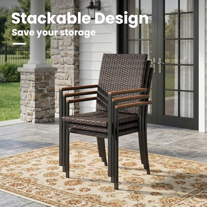 VICLLAX Round Patio Table and Chairs, 11 Pieces Outdoor Dining Set of Metal Patio Table with Storage Shelf and 10 Wicker Patio Stackable Chairs for Porch Yard Garden, Walnut Tabletop