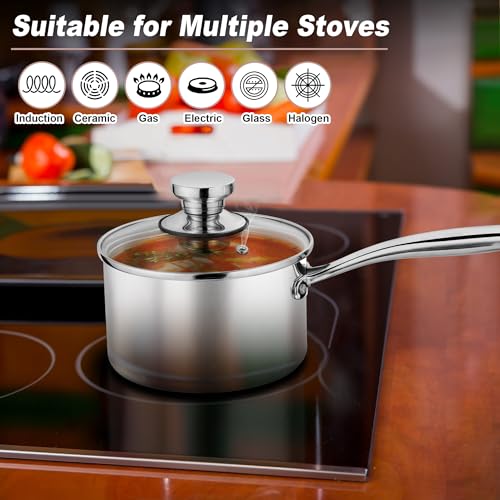 P&P CHEF 1 Quart Tri-Ply Stockpot and Saucepan, Stainless Steel Sauce Pan with Lid, Cooking Induction Pot, Kitchen Cookware for All Stoves, Non-Toxic, Sturdy & Dishwasher Safe, 1 Piece