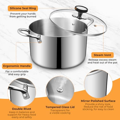Tri-Ply Stainless Steel Stock Pot, 8 Quart Heavy Duty Induction Cooking Pot with Visible Lid for Pasta, Soup, Spaghetti, Sturdy & Double Handle, Dishwasher Safe