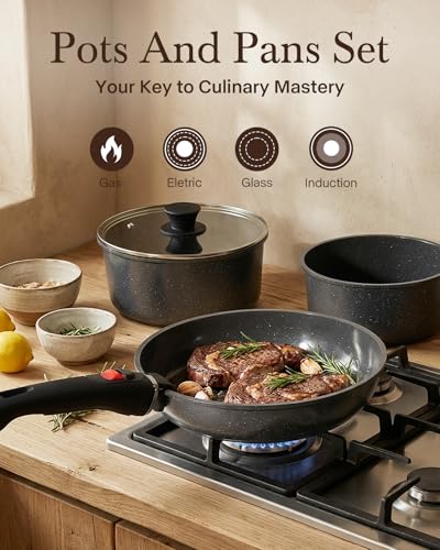 USELUCK 21Pcs Ceramic Pots and Pans Set Non Stick, Kitchen Cookware Set with Detachable Handles, Non Toxic Healthy Cooking Set, Induction Dishwasher Oven Safe, PTFE PFOA PFOS Free, Black