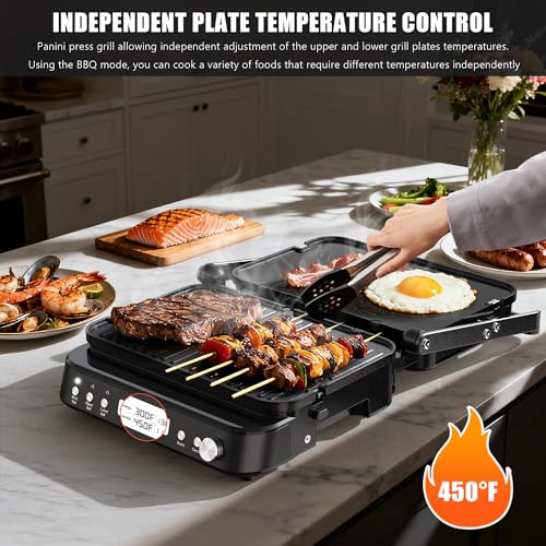 CATTLEMAN Panini Grill Press Sandwich Maker with Removable Plates, 1600W, 6 in 1 Waffle Maker & Electric Indoor Grill with Meat Thermometer, PFAS Free Ceramic Nonstick Reversible Plates, Opens Flat