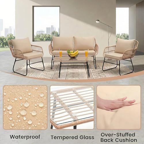 KROFEM 4-Piece Outdoor Patio Furniture Set, Natural/Beige