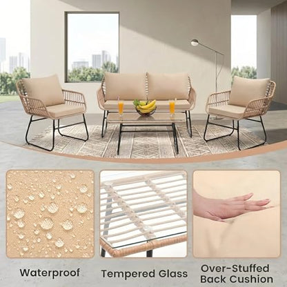KROFEM 4-Piece Outdoor Patio Furniture Set, Natural/Beige