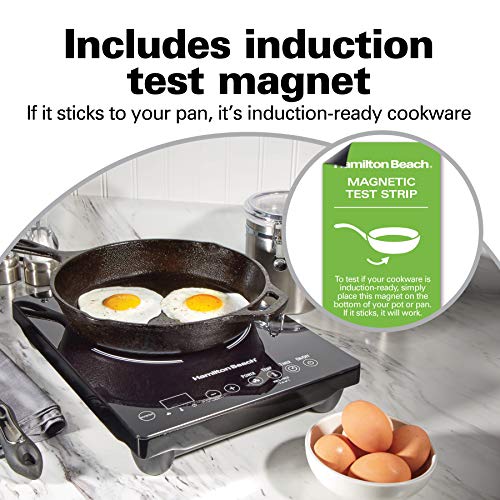 Hamilton Beach Portable Single Induction Cooktop Countertop Burner Hot Plate with Fast Heating Mode, 1800 Watts, 10 Temperature Settings up to 450F, Black (34104)